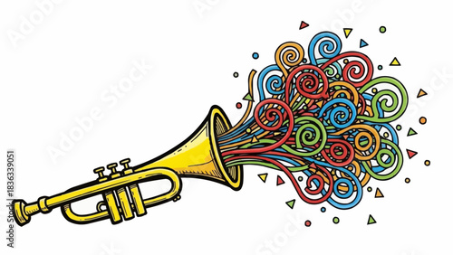 Colorful Abstract Musical Notes Emanating from a Trumpet.