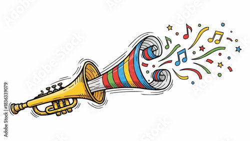 Colorful trumpet illustration with musical notes and streamers for celebration.