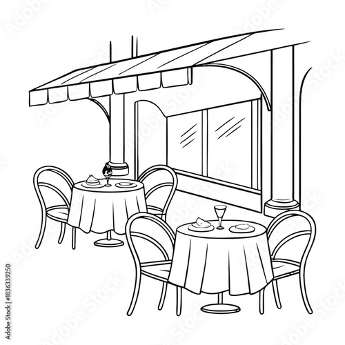 Sketch illustration of a wooden kitchen interior room with dining table, chairs, window, and wall decor design