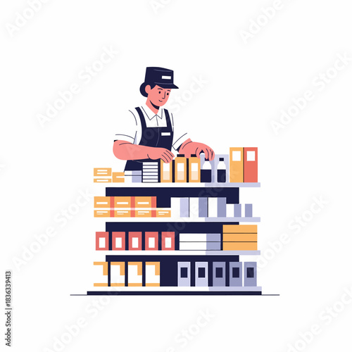 Store employee neatly stacking boxes and products on shelf