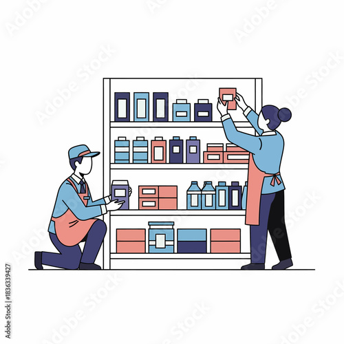 Two retail workers organizing and stocking product shelves