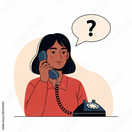 Woman customer asking question on vintage landline telephone