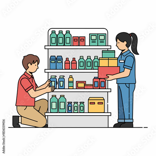 Two store employees stocking products on retail shelf inventory