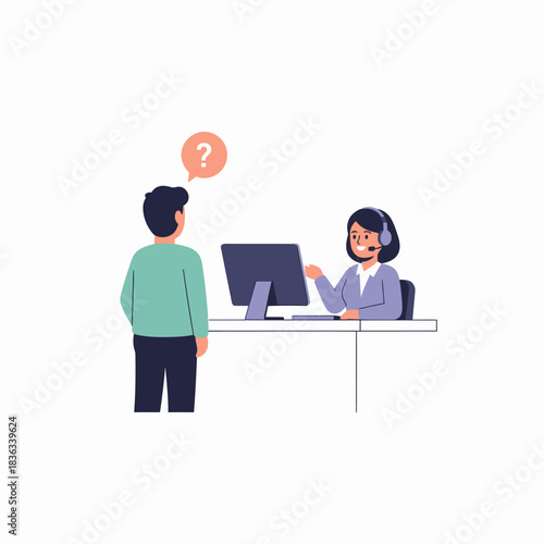 Customer support agent helping male client at service desk