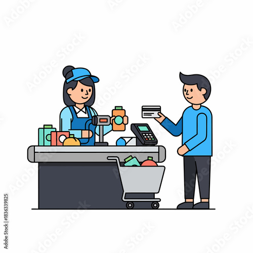 Customer making card payment to smiling cashier at checkout counter