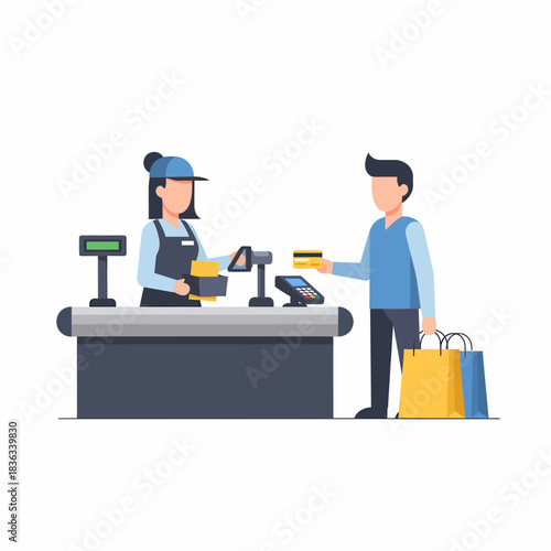 Customer making card payment to cashier at checkout counter