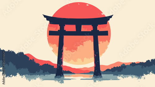 Torii gate, bold black silhouette centered against a massive red sun, spiritual minimalist art, high contrast, flat vector, white background