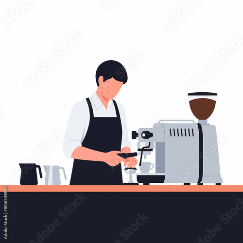 Barista preparing coffee with espresso machine and tamper