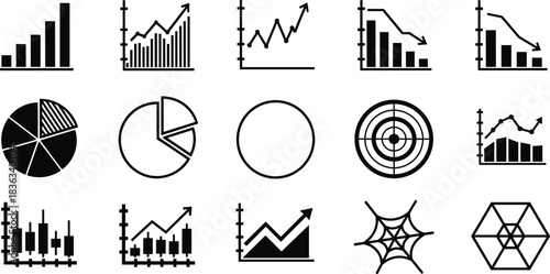 Business Analysis, Data Charts, Digital Media, Teamwork, Strategy, Global Network, Technology, Vector Icons Set, Comprehensive Corporate Black Pictograms, Science and Management