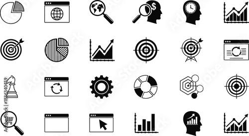Business icons, data analysis, strategic planning, financial charts, browser interface, market research, segmentation, targeting, e-commerce, performance metrics, growth, visualization, strategy