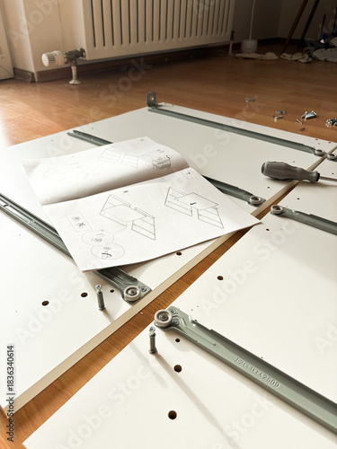 White furniture assembly process at home. Instruction manual, screwdriver, screws, and furniture parts on a wooden laminate floor