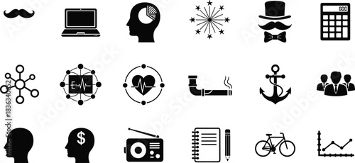 Business icons, data symbols, vintage elements, creative pictograms, infographic visuals, vector set, black silhouettes, concept graphics, editable design, professional illustrations