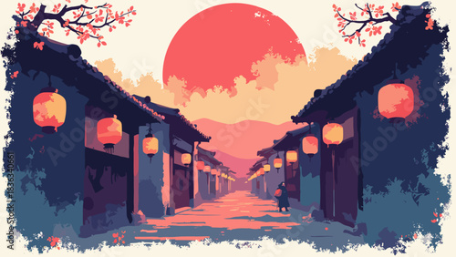 Traditional village street with hanging lanterns, silhouette against a giant red sun, atmospheric perspective, flat vector, white background