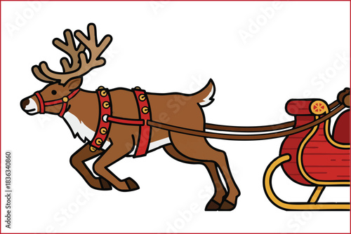 Cute Cartoon Christmas Reindeer Pulling Sleigh Vector Illustration