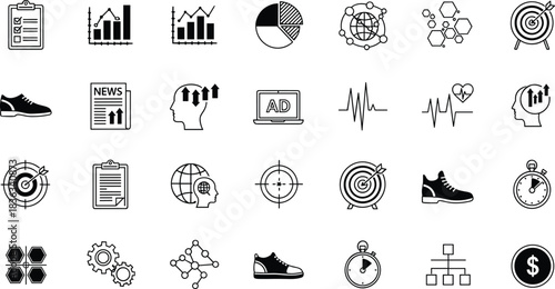 Business icons, marketing tools, data visualization, global network, performance tracking, health analytics, advertising, strategy, planning, finance, goals, organization, progress