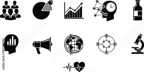 Business icons, science symbols, health elements, communication pictograms, infographic visuals, vector set, black silhouettes, concept graphics, editable design, professional illustrations