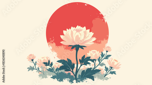 Single Chrysanthemum flower, stylized vector, centered on a red sun, imperial symbol, radial symmetry, flat vector, white background