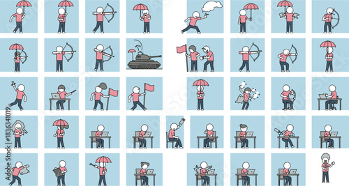 Cartoon character icons, activity scenes, symbolic actions, concept visuals, vector set, editable graphics, faceless figure, daily life, motivation, teamwork, creativity