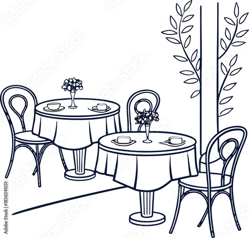 Vector illustration of a cafe interior design with wood furniture, showing an empty dining room with tables and chairs