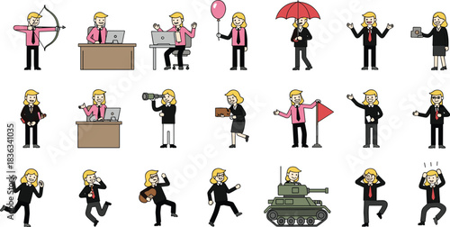 Cartoon character icons, activity scenes, emotional expressions, business actions, vector set, editable graphics, concept visuals, daily life, motivation, teamwork, creativity
