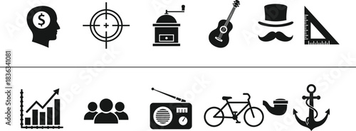 Concept, Goal, Idea, Target, Art, Music, Achievement, Group, Communication, Transport, Anchor, Vector Icons Set, Diverse Black Pictograms, Business and Leisure Concepts