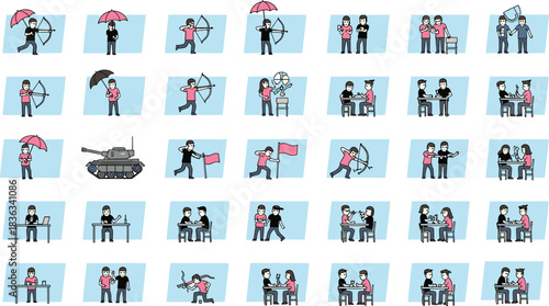 Cartoon people icons, activity scenes, interaction illustrations, conflict and cooperation, vector set, editable graphics, black silhouettes, daily life, concept visuals