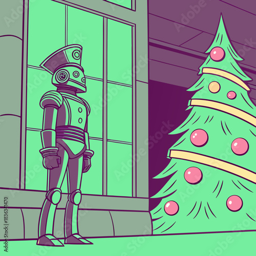 Stylized illustration of a futuristic robot dressed as a nutcracker standing guard next to a large, decorated christmas tree in a room with large windows