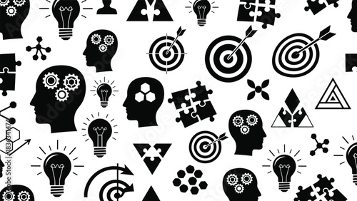Idea icons, innovation symbols, strategic thinking, problem-solving, creativity, mental process, goal achievement, analysis, planning, puzzle, progress, intelligence, research