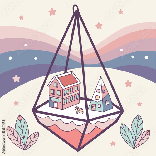 Cute hand drawn illustration of a miniature village with houses inside a geometric hanging terrarium with pastel color background and leaves