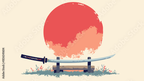 Katana sword on a stand, simple blade curve, large red sun background, bushido concept, weapon art, flat vector, white background