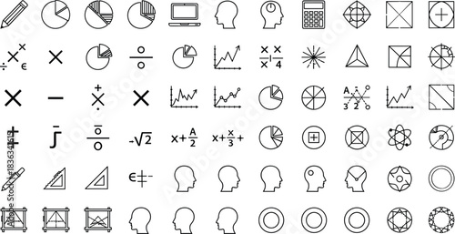 Math icons, geometry symbols, scientific diagrams, cognitive thinking, data visualization, equations, analytics, learning tools, problem-solving, logic, statistics, education, calculation