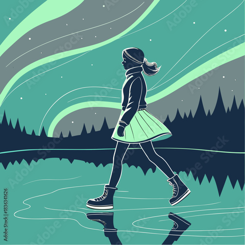 Silhouette of a girl ice skating under the vibrant aurora borealis in a stylized winter night landscape illustration