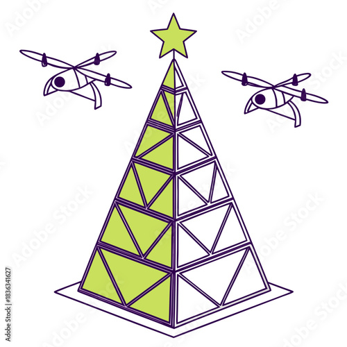 Modern isometric line art illustration of a futuristic christmas tree structure being decorated or delivered by two small delivery drones