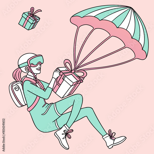 Woman skydiver delivering gift box via parachute in a fun, stylized illustration concept for fast delivery service or surprise present drop