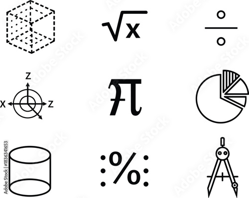 Mathematics icon set, geometric shapes, algebra symbols, calculus signs, pie chart graphics, educational vector collection for school, science, data analysis illustrations