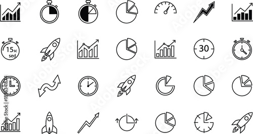 Time icons, performance tracking, data visualization, business analytics, speed, growth, efficiency, stopwatch, pie chart, progress, productivity, metrics, launch, planning