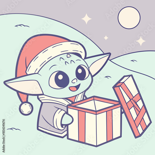 Cute cartoon baby alien character wearing a santa hat opening a christmas gift box illustration in a pastel landscape