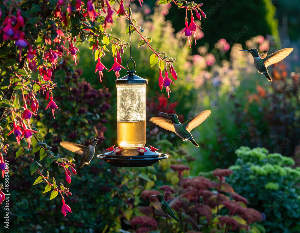 Naklejka premium Graceful hummingbirds flutter around a feeder amidst vibrant fuchsia flowers, bathed in golden sunlight. Symbolizes nature, beauty, and the joy of summer. Editorial, travel, lifestyle.