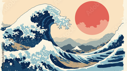 Great Wave (Kanagawa style) crashing, dark navy blue water, large red sun in the background, thick outlines, woodblock print style, flat vector, white background