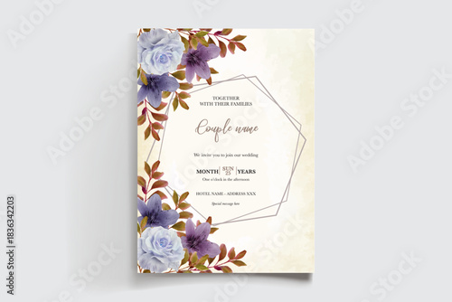 WEDDING INVITATION FRAME WITH FLOWER DECORATIONS AND FRESH LEAVES