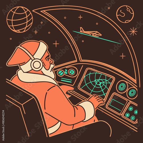 Santa claus piloting a futuristic spacecraft or control panel with radar screen and airplane target in outer space