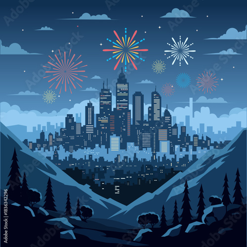 Flat vector of fireworks viewed from mountain viewpoint