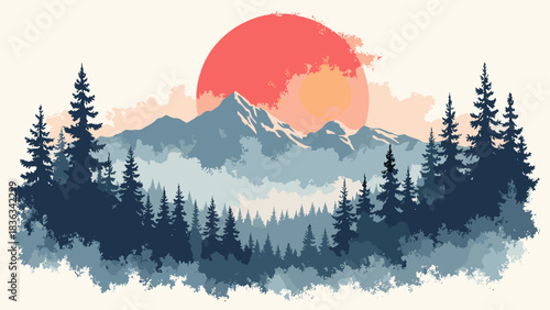 Misty pine forest, layers of grey and black trees, large red sun rising behind the peaks, serene atmosphere, ink wash style, flat vector, white background