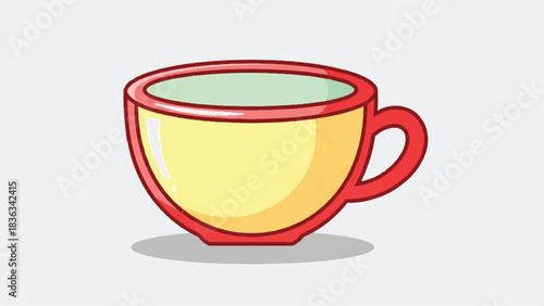 A simple cartoon illustration of a yellow coffee cup with a red rim and handle.