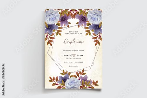 WEDDING INVITATION FRAME WITH FLOWER DECORATIONS AND FRESH LEAVES