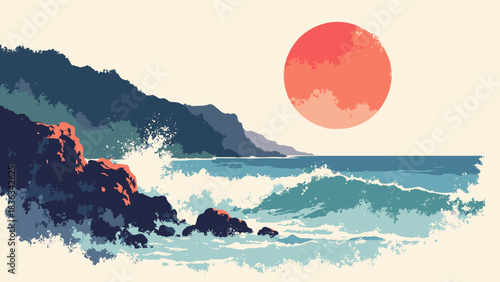 Rocky coastline with crashing waves, simple ink wash style, large red sun, bold graphic design, flat vector, white background
