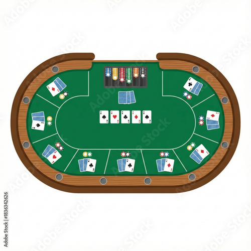 Strategic poker game setup unfolds with cards and chips on a classic green felt table, inviting thrilling competition and strategic play.