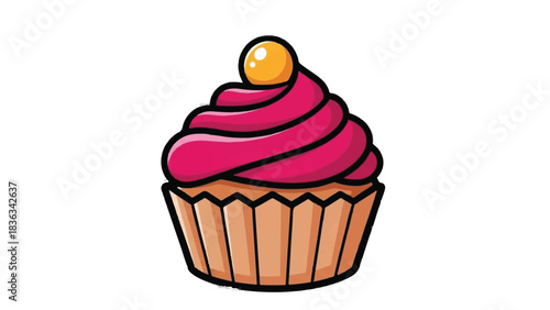 A delicious cupcake with pink frosting and a yellow cherry on top.