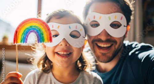 Loving father and daughter sharing a happy moment with handmade masks and rainbow