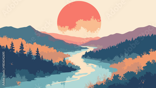 Winding river through a valley, simple curves, large red sun suspended above, minimalist landscape, clean lines, flat vector, white background